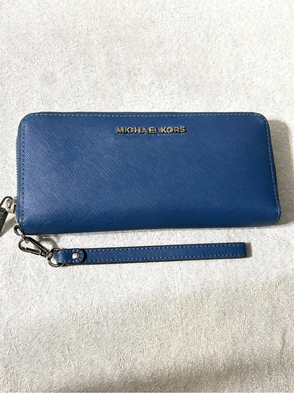 Michael Kors jet set blue Saffiano leather wristlet zip wallet organizer Y2K EUC